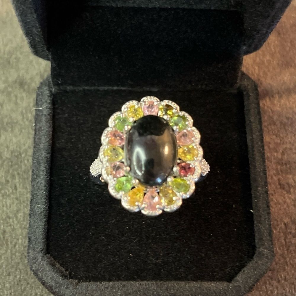 Black & Multi Color Tourmaline Natural Zircon Halo Platinum Sterling Silver Ring